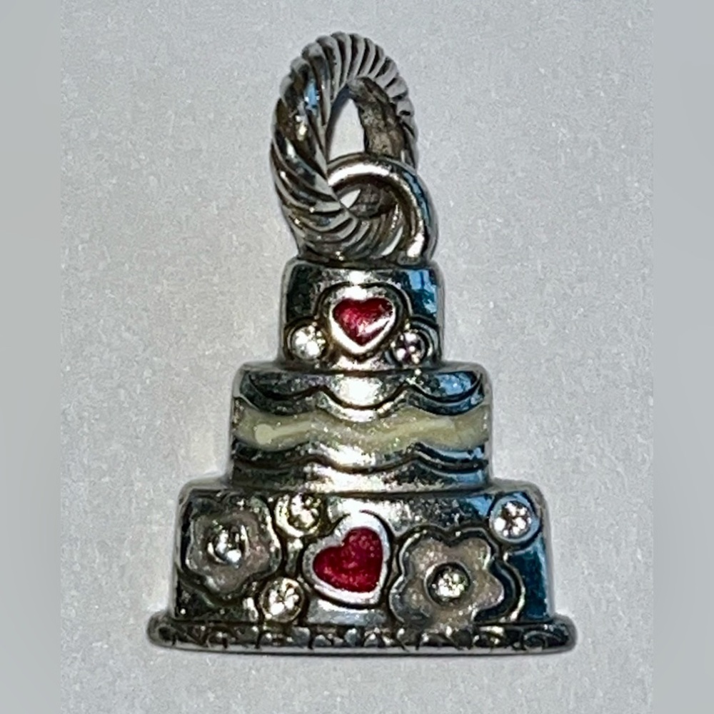 Brighton Wedding Cake Birthday Cake Charm, Pendant Silver with Red Stones